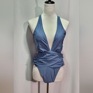Cupshe NWT Blue Plunge Twist-Front Ultra Cheeky Monokini 1pc Swimsuit Size Large